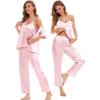 image:imageSWOMOG Womens Silk Satin Pajamas Sets 4pcs Sleepwear Sexy Cami Shorts Set and Button Down Short Sleeve Pjs LoungewearSolid Color Pink