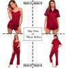 image:imageSWOMOG Womens Silk Satin Pajamas Sets 4pcs Sleepwear Sexy Cami Shorts Set and Button Down Short Sleeve Pjs LoungewearSolid Color Red