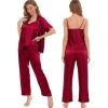 image:imageSWOMOG Womens Silk Satin Pajamas Sets 4pcs Sleepwear Sexy Cami Shorts Set and Button Down Short Sleeve Pjs LoungewearSolid Color Red