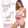 image:imageSWOMOG Womens Silk Satin Pajamas Sets 4pcs Sleepwear Sexy Cami Shorts Set and Button Down Short Sleeve Pjs LoungewearSolid Color Sakura Pink