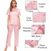 image:imageSWOMOG Womens Silk Satin Pajamas Sets 4pcs Sleepwear Sexy Cami Shorts Set and Button Down Short Sleeve Pjs LoungewearSolid Color Sakura Pink