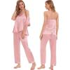 image:imageSWOMOG Womens Silk Satin Pajamas Sets 4pcs Sleepwear Sexy Cami Shorts Set and Button Down Short Sleeve Pjs LoungewearSolid Color Sakura Pink