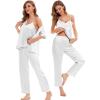 image:imageSWOMOG Womens Silk Satin Pajamas Sets 4pcs Sleepwear Sexy Cami Shorts Set and Button Down Short Sleeve Pjs LoungewearSolid Color White