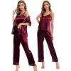 image:imageSWOMOG Womens Silk Satin Pajamas Sets 4pcs Sleepwear Sexy Cami Shorts Set and Button Down Short Sleeve Pjs LoungewearWine Red