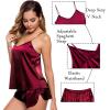 image:imageSWOMOG Womens Silk Satin Pajamas Sets 4pcs Sleepwear Sexy Cami Shorts Set and Button Down Short Sleeve Pjs LoungewearWine Red