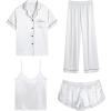 image:imageSWOMOG Womens Silk Satin Pajamas Sets 4pcs Sleepwear Sexy Cami Shorts Set and Button Down Short Sleeve Pjs LoungewearWhite