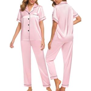image:imageSWOMOG Women Satin Pajamas Set Short Sleeve Top amp Pants Sleepwear Silky Button Down Nightwear 2pcs Loungewear Pjs SetPink