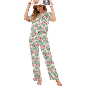 image:imageSWOMOG Women Satin Pajamas Set Short Sleeve Top amp Pants Sleepwear Silky Button Down Nightwear 2pcs Loungewear Pjs SetZfloral Light Green