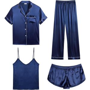 image:imageSWOMOG Womens Silk Satin Pajamas Sets 4pcs Sleepwear Sexy Cami Shorts Set and Button Down Short Sleeve Pjs LoungewearNavy Blue