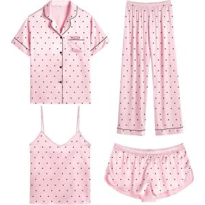 image:imageSWOMOG Womens Silk Satin Pajamas Sets 4pcs Sleepwear Sexy Cami Shorts Set and Button Down Short Sleeve Pjs LoungewearPink Dots