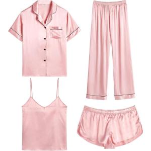 image:imageSWOMOG Womens Silk Satin Pajamas Sets 4pcs Sleepwear Sexy Cami Shorts Set and Button Down Short Sleeve Pjs LoungewearSakura Pink