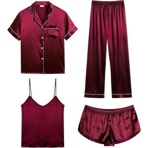 image:imageSWOMOG Womens Silk Satin Pajamas Sets 4pcs Sleepwear Sexy Cami Shorts Set and Button Down Short Sleeve Pjs LoungewearWine Red