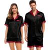 image:imageSWOMOG Couples Pajama Set Women amp Men Silk Satin Short Sleeve Set Top and Shorts Sleepwear Soft ButtonDown LoungewearBlackRed