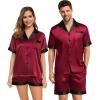 image:imageSWOMOG Couples Pajama Set Women amp Men Silk Satin Short Sleeve Set Top and Shorts Sleepwear Soft ButtonDown LoungewearDeep Wine RedBlack