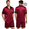 image:imageSWOMOG Couples Pajama Set Women amp Men Silk Satin Short Sleeve Set Top and Shorts Sleepwear Soft ButtonDown LoungewearDeep Wine RedBlack