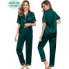 image:imageSWOMOG Couples Pajamas Sets Women amp Men Satin Short Sleeve Sleepwear Button Down Loungewear Pjs Set with Long PantsDeep Green