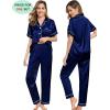 image:imageSWOMOG Couples Pajamas Sets Women amp Men Satin Short Sleeve Sleepwear Button Down Loungewear Pjs Set with Long PantsDeep Navy Blue