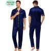image:imageSWOMOG Couples Pajamas Sets Women amp Men Satin Short Sleeve Sleepwear Button Down Loungewear Pjs Set with Long PantsDeep Navy Blue