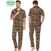 image:imageSWOMOG Couples Pajamas Sets Women amp Men Satin Short Sleeve Sleepwear Button Down Loungewear Pjs Set with Long PantsLeopard Print