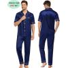 image:imageSWOMOG Couples Pajamas Sets Women amp Men Satin Short Sleeve Sleepwear Button Down Loungewear Pjs Set with Long PantsNavy Blue