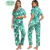 image:imageSWOMOG Couples Pajamas Sets Women amp Men Satin Short Sleeve Sleepwear Button Down Loungewear Pjs Set with Long PantsWhite Leaves