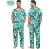 image:imageSWOMOG Couples Pajamas Sets Women amp Men Satin Short Sleeve Sleepwear Button Down Loungewear Pjs Set with Long PantsWhite Leaves