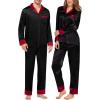 image:imageSWOMOG Couples Satin Pajama Set Women amp Men Long Sleeve Sleepwear Button Down Loungewear Silky Pj Set with Long PantsContrasting Black