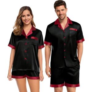 image:imageSWOMOG Couples Pajama Set Women amp Men Silk Satin Short Sleeve Set Top and Shorts Sleepwear Soft ButtonDown LoungewearBlackRed