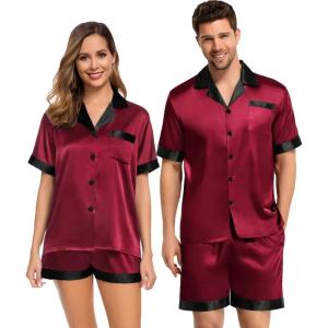 image:imageSWOMOG Couples Pajama Set Women amp Men Silk Satin Short Sleeve Set Top and Shorts Sleepwear Soft ButtonDown LoungewearDeep Wine RedBlack
