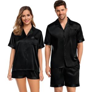 image:imageSWOMOG Couples Pajama Set Women amp Men Silk Satin Short Sleeve Set Top and Shorts Sleepwear Soft ButtonDown LoungewearPure Black