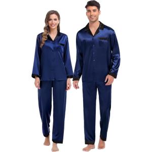image:imageSWOMOG Couples Pajama Sets Men amp Women Satin Long Sleeve Sleepwear Silky Classic Button Down Soft Loungewear Pjs SetDeep Navy Blue