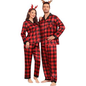 image:imageSWOMOG Couples Pajama Sets Men amp Women Satin Long Sleeve Sleepwear Silky Classic Button Down Soft Loungewear Pjs SetRed Black Plaid