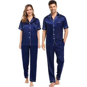 image:imageSWOMOG Couples Pajamas Sets Women amp Men Satin Short Sleeve Sleepwear Button Down Loungewear Pjs Set with Long PantsNavy Blue