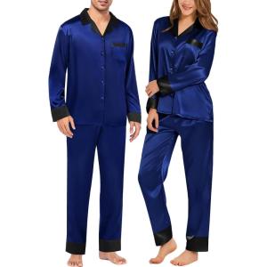 image:imageSWOMOG Couples Satin Pajama Set Women amp Men Long Sleeve Sleepwear Button Down Loungewear Silky Pj Set with Long PantsNavy Blue