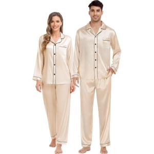 image:imageSWOMOG Couples Satin Pajama Set Women amp Men Long Sleeve Sleepwear Button Down Loungewear Silky Pj Set with Long PantsZ  Double Piping  Champagne