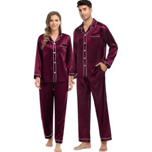image:imageSWOMOG Couples Satin Pajama Set Women amp Men Long Sleeve Sleepwear Button Down Loungewear Silky Pj Set with Long PantsZ  Double Piping  Deep Wine Red