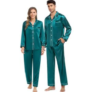 image:imageSWOMOG Couples Satin Pajama Set Women amp Men Long Sleeve Sleepwear Button Down Loungewear Silky Pj Set with Long PantsZ  Double Piping  Green