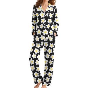 image:imageSWOMOG Womens Pajamas Set Long Sleeve Sleepwear Button Down Nightwear Soft Cotton Pj Lounge SetsBlack Flower