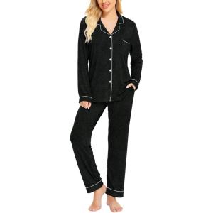 image:imageSWOMOG Womens Pajamas Set Long Sleeve Sleepwear Button Down Nightwear Soft Cotton Pj Lounge SetsBlack Grey