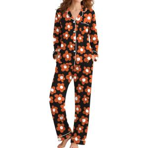 image:imageSWOMOG Womens Pajamas Set Long Sleeve Sleepwear Button Down Nightwear Soft Cotton Pj Lounge SetsBlack Orange Flower