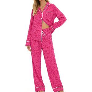 image:imageSWOMOG Womens Pajamas Set Long Sleeve Sleepwear Button Down Nightwear Soft Cotton Pj Lounge SetsHot Pink Leopard