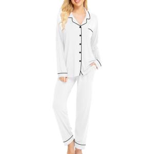 image:imageSWOMOG Womens Pajamas Set Long Sleeve Sleepwear Button Down Nightwear Soft Cotton Pj Lounge SetsWhite