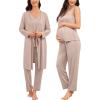 image:imageSWOMOG Maternity Nursing Pajamas Sets 3 PCS Women Postpartum Pajama Breastfeeding 3 in 1 Labor Delivery Button Pregnancy PjsLight Brown