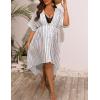 image:imageSWOMOG Women Cover Ups Plus Size Swimsuit Chiffon Kimono Long Cardigan Open Front Bathing Suit Summer Flowy Bikini BeachwearWhite Stripe