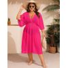 image:imageSWOMOG Women Plus Size Cover Ups Swimsuit VNeck Batwing Sleeve Pleated Waist Cover Ups Chiffon Summer Bikini BathingRose Red