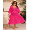 image:imageSWOMOG Women Plus Size Cover Ups Swimsuit VNeck Batwing Sleeve Pleated Waist Cover Ups Chiffon Summer Bikini BathingRose Red