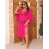 image:imageSWOMOG Women Plus Size Cover Ups Swimsuit VNeck Batwing Sleeve Pleated Waist Cover Ups Chiffon Summer Bikini BathingRose Red