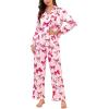 image:imageSWOMOG Womens Long Sleeve Pajamas Set 2 Piece Silk Button Down Pjs with Pants Floral Printed Classic Soft LoungewearPink Pink Bow