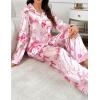 image:imageSWOMOG Womens Long Sleeve Pajamas Set 2 Piece Silk Button Down Pjs with Pants Floral Printed Classic Soft LoungewearPink Pink Bow