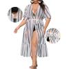 image:imageSWOMOG Womens Plus Size Cover Up Robe Cardigan Swimsuit Kimono Flowy Coverup Beach Open Front Summer SwimwearWhite Stripe